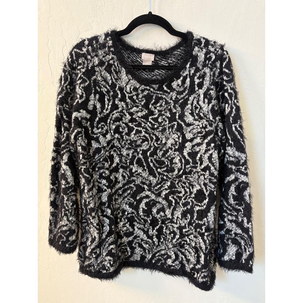 Chico's Tonal‎ Jacquard Eyelash Pullover Sweater Black Gray Size 1 US M